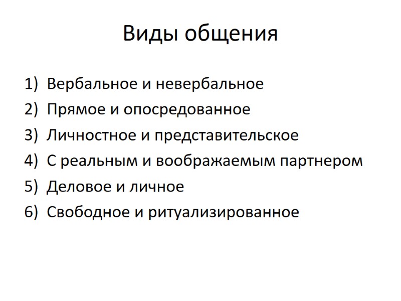Виды общения Вербальное и невербальное Прямое и опосредованное Личностное и представительское С реальным и Виды общения Вербальное и невербальное Прямое и опосредованное Личностное и представительское С реальным и
